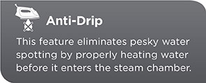 Anti-Drip. This feature eliminates pesky water spotting by properly heating water before it enters the steam chamber